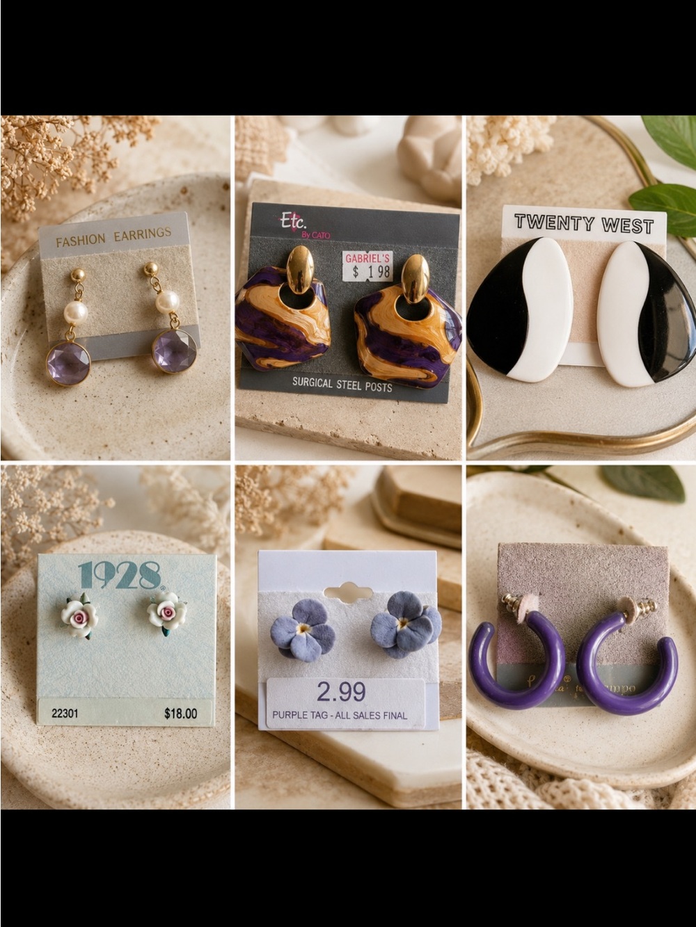 Vtg Earrings Lot of 6 Pairs Mixed Brands Purple Floral Hoop Stud Statement USA